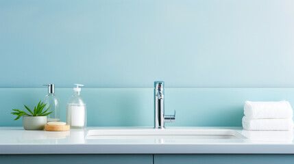Fototapeta premium Bathroom counter with soap dispensers and towels