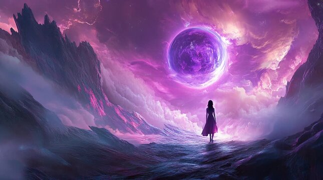 A girl standing alone, gazing at a mysterious energy light in the night sky, surrounded by a surreal and otherworldly atmosphere tha Seamless looping 4k time-lapse virtual video animation Generated AI