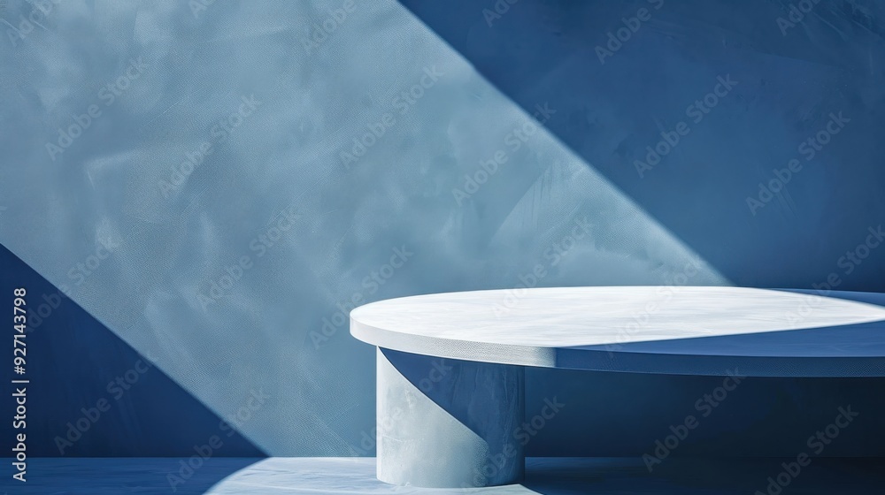 Poster A white, circular platform sits in front of a textured blue wall. A beam of sunlight shines across the platform from the upper left corner of the frame, casting shadows on the wall and the platform.