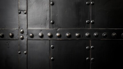Fototapeta premium A close-up view of a black wooden surface with metal rivets and bolts.