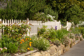Flowering garden outside of a white picket fence