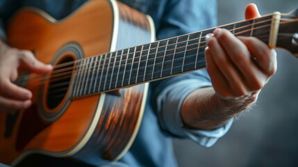 Fototapeta premium Acoustic Guitarist's Hands: Close-Up of Dexterous Playing