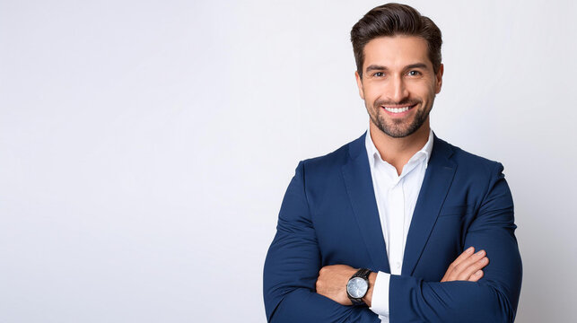 A portrait of a smilling businessman, with blue office suit, using a wristwatch, right aligned, isolated on a white background, photography.