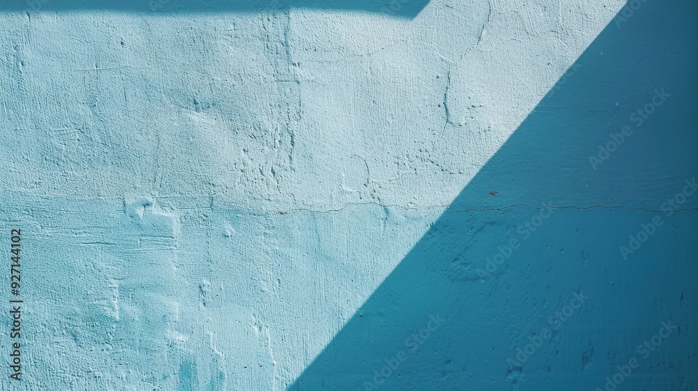 Aufkleber A textured light blue concrete wall, with a single diagonal shadow cast from an object above. The shadow is a darker shade of blue, contrasting with the lighter color of the wall.