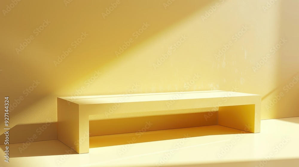 Aufkleber a simple, rectangular shelf made of a smooth, light yellow material sits on a matching yellow floor.