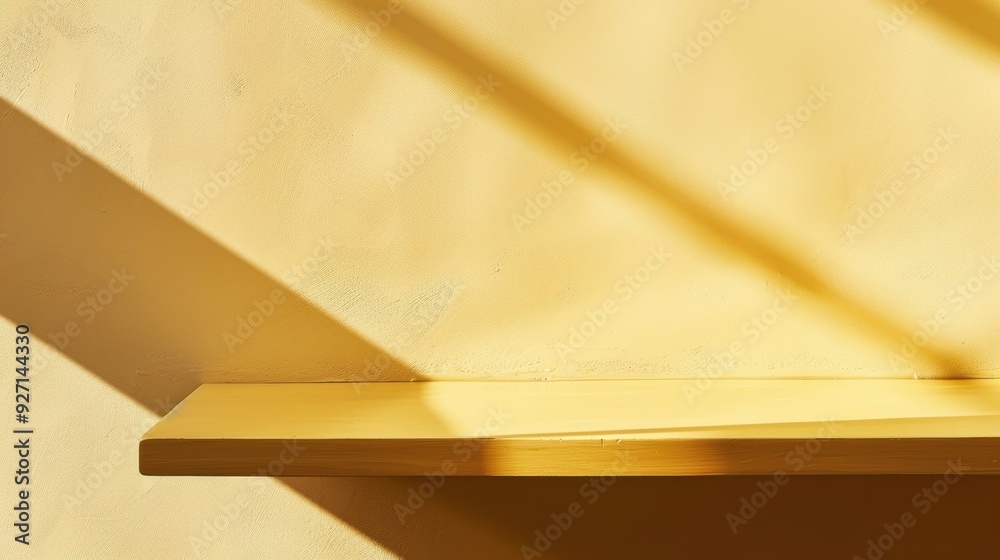 Aufkleber a close-up image of a wooden shelf mounted on a pale yellow wall. sunlight shines through a nearby w