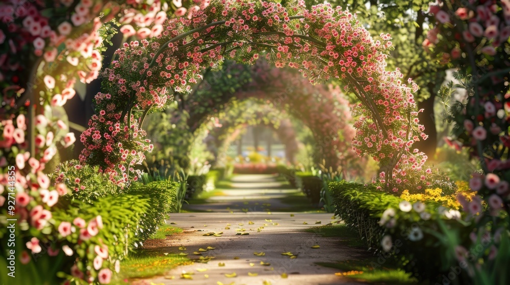 Poster a path lined with lush greenery and blooming flowers leads to a hidden oasis within a garden. a vibr