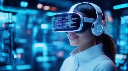 Innovative coder immersed in virtual reality, engaging with a vibrant urban environment, collaborating with a diverse group while exploring a dynamic AI digital map.