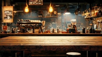 Rustic Charm of an Empty Wooden Table in a Lively Cafe Setting, Inviting Atmosphere, Warm Tones, Soft Focus on Background Activity, Ideal for Cozy Gatherings and Reflections