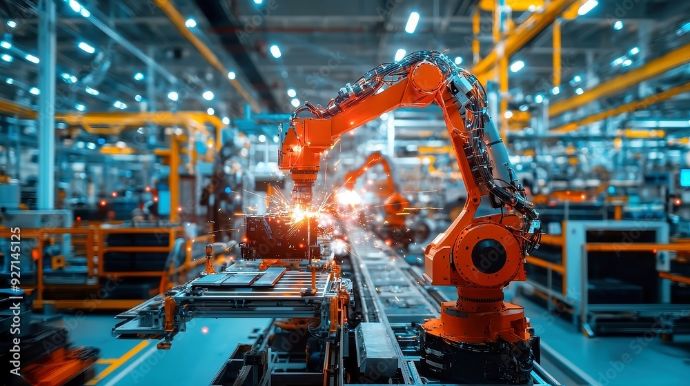 Poster automated conveyor production, dynamic 3d timelapse showcasing a robotic arm assembly line efficient