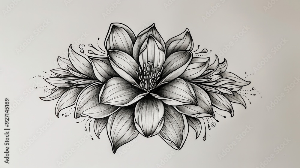 Poster a detailed drawing of a single, large flower with multiple petals. the flower is drawn in black penc