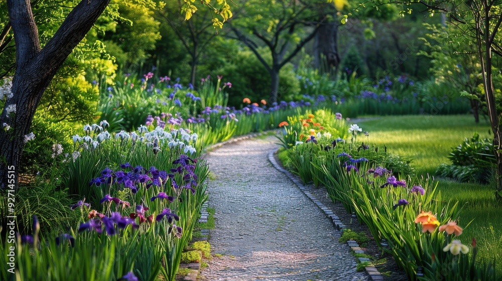 Poster A stone path winds its way through a lush garden with vibrant purple iris flowers in bloom on either side. The path leads into a verdant area of green grass and trees, creating a serene and inviting a
