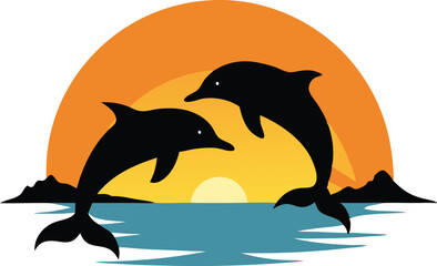 Obraz premium Two dolphins leap gracefully above ocean waves as the sun sets behind distant hills.