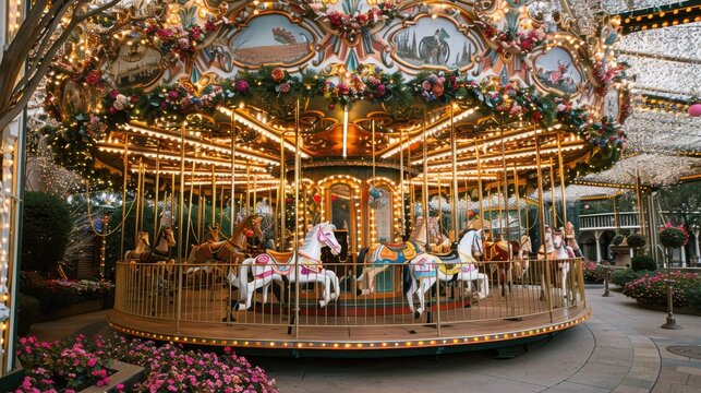 A brightly lit carousel with ornate details, including flowers and lights, spins at an amusement park after dark. The carousel is surrounded by lush greenery and other attractions.