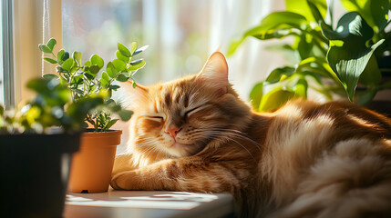 Cat Stock Photo: Adorable Ginger Lounging in Sunlit Windowsill Scene