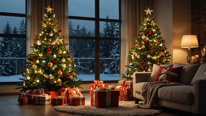 Christmas Home Interior with festive Christmas tree and gift boxes. Cozy living room with high window