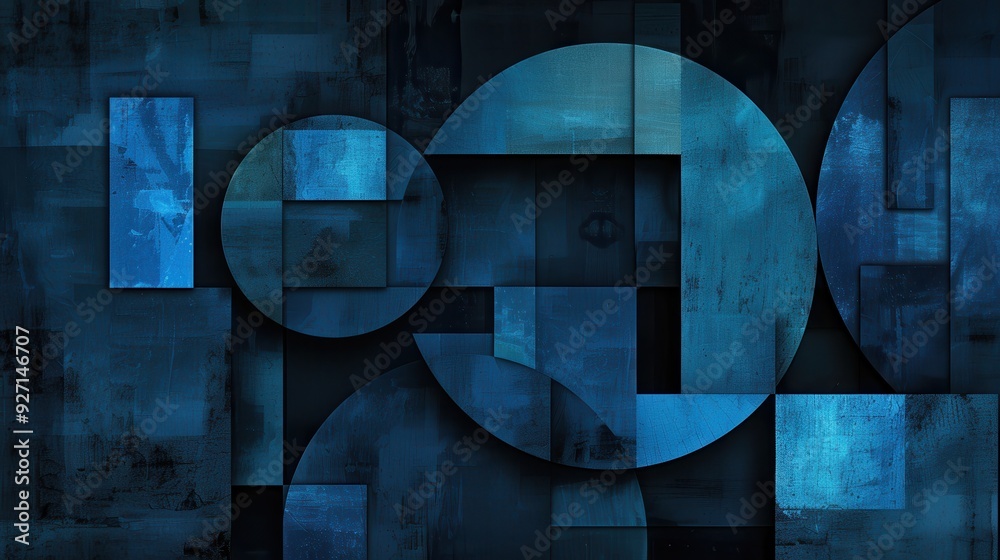 Poster A close-up image of a wall with abstract blue geometric shapes, including circles and squares, creating a textured and layered composition. The shapes overlap and create a sense of depth, with a light