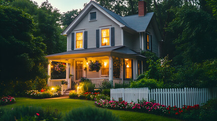 House Stock Photo: Cozy Suburban Home with White Picket Fence in Soft Evening Light