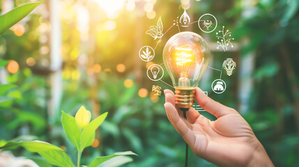  a light bulb with a globe and other icons inside, held in a hand against a background of green plants.