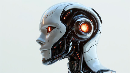 Fototapeta premium a robot head with a white face, a red eye, and some exposed mechanical parts.