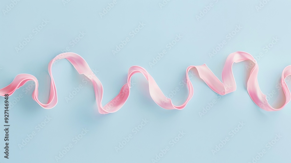 Poster a soft pink ribbon, with a slightly textured surface, lays in gentle waves against a light blue back