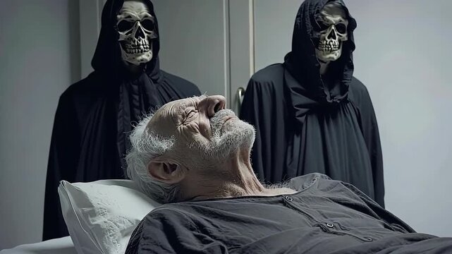 Elderly man in hospital bed with ominous figures looming overhead