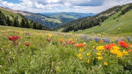 A lush valley with colorful wildflowers blooming in the spring