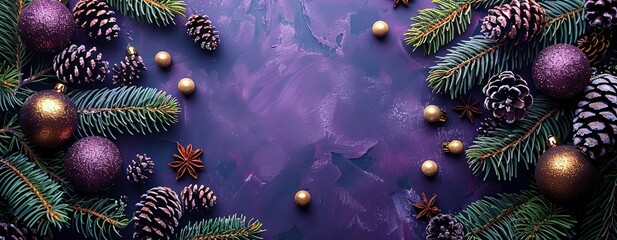 A gold Christmas decorations frame is set against a purple background, creating an elegant vertical banner design and poster template for the xmas season.