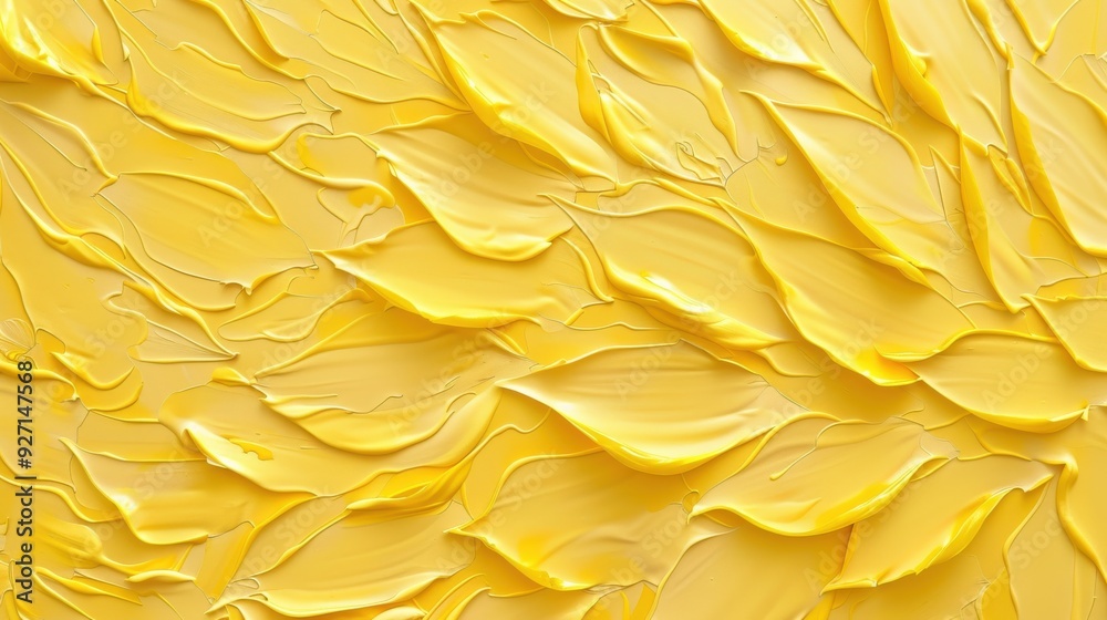 Poster A close-up photograph of a textured surface covered in thick, yellow acrylic paint. The paint is applied in a series of overlapping strokes, creating a rippling, wave-like pattern.