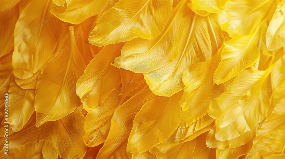 Aufkleber A close-up image of a pile of soft, yellow bird feathers. The feathers are arranged in a random pattern and create a textured background. They are light and airy, with a slight sheen.