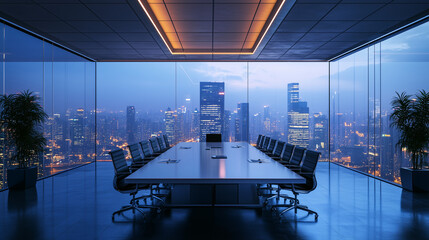 Modern Conference Room with Panoramic Night Cityscape View