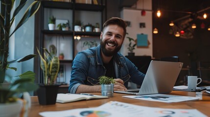 Fototapeta premium Portrait of male employee with laptop and smiling at camera in office interior, successful businessman in classic spectacles posing at desktop with laptop computer