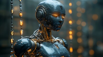 A close-up of a futuristic robot with glowing eyes, intricate metallic details, and a chain of glowing orbs in the background.