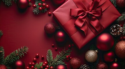A Christmas flat lay includes luxury gift boxes with red ribbon bows, gold baubles, and xmas tree branches on a red background, evoking a festive atmosphere.