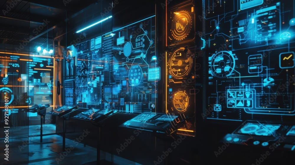 Fototapete A futuristic control room with several large screens displaying complex blue and orange interfaces with data and graphs. The room is dark, with a reflective floor that reflects the light from the scre