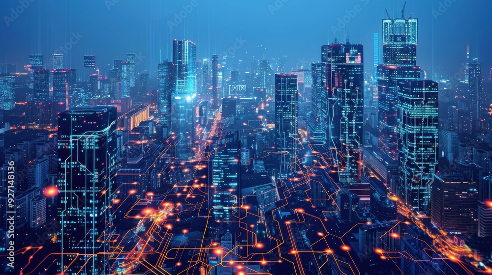 Poster An aerial nighttime view of a modern city, with the buildings glowing and connected by a network of glowing circuitry. The cityscape is illuminated by streetlights and the distant skyline, creating a 
