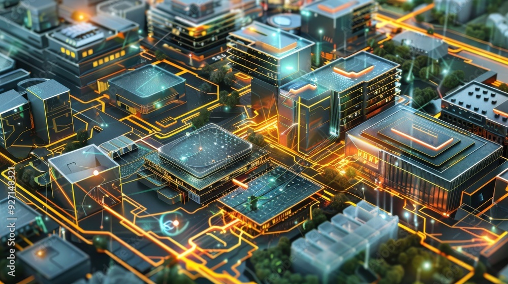 Poster A digital rendering depicts a futuristic cityscape composed of sleek, metallic buildings connected by glowing circuit boards, resembling a complex computer chip. The buildings are illuminated with vib