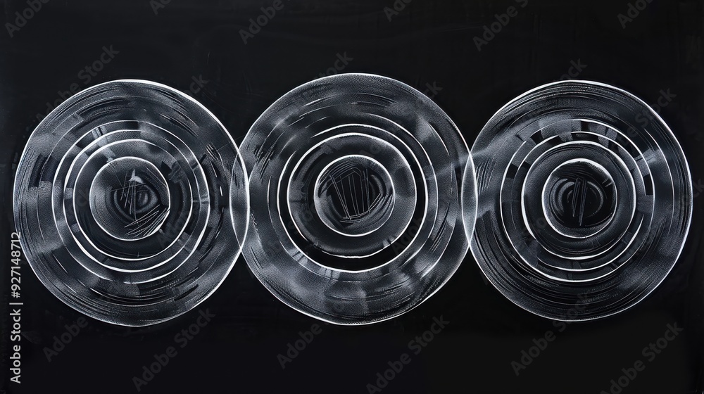 Poster Three transparent, circular objects with concentric rings are arranged in a line, centered against a black background. The rings are spaced evenly apart and appear to be made of glass or plastic.