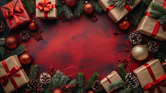 Vintage gift boxes and Christmas decorations are displayed on a red background in a flat lay top view, adding a nostalgic touch.