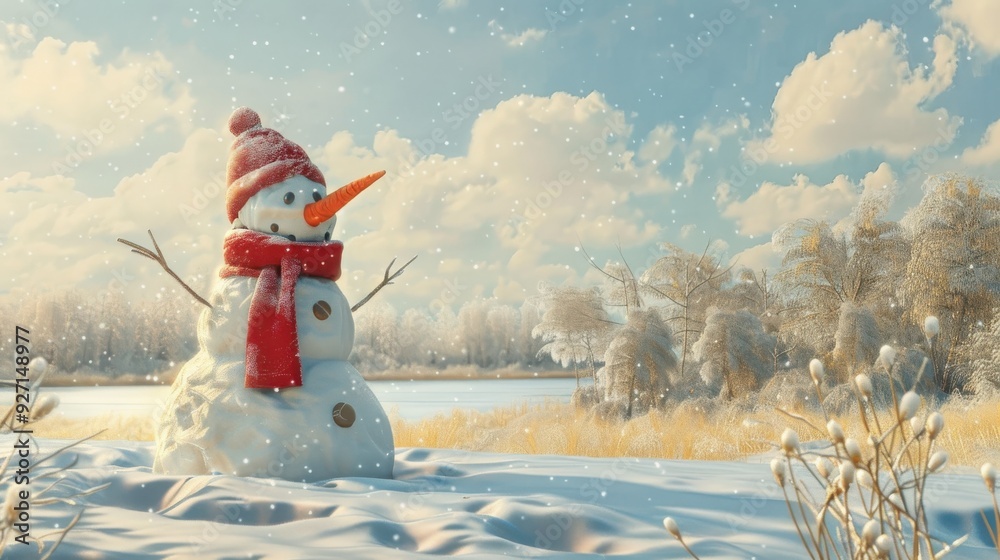 Poster a snowman wearing a red hat and scarf stands on a snowy field, surrounded by frosted trees and a fro