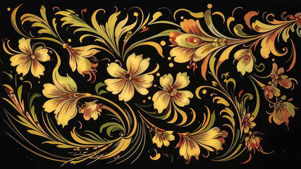 Fototapeta premium Abstract ornate flowers with black lines and patterns, floral background for design