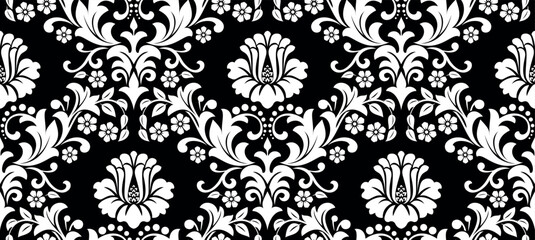 Floral pattern. Vintage wallpaper in the Baroque style. Seamless vector background. White and black ornament for fabric, wallpaper, packaging. Ornate Damask flower ornament.