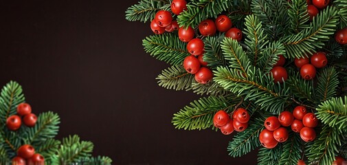 Christmas tree branches and red berries background
