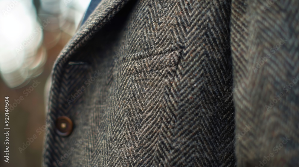 Aufkleber A close-up image of the front of a dark grey herringbone tweed jacket, showing the detailed texture of the fabric and a button on the lapel.