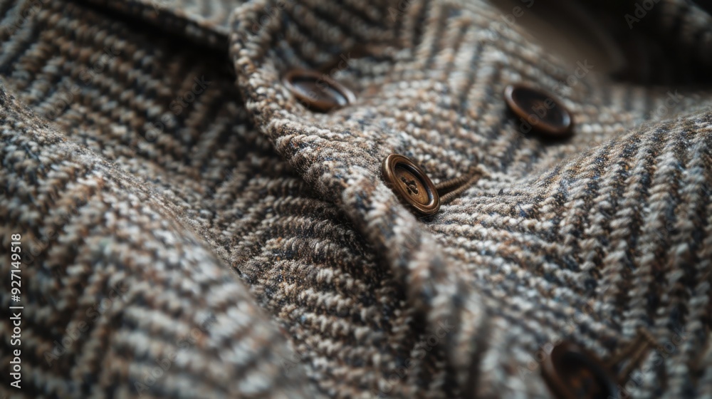 Aufkleber The image shows a close-up of a brown and grey herringbone tweed coat. The fabric is woven with a textured pattern, creating a unique and stylish look. The coat has a double-breasted closure with larg