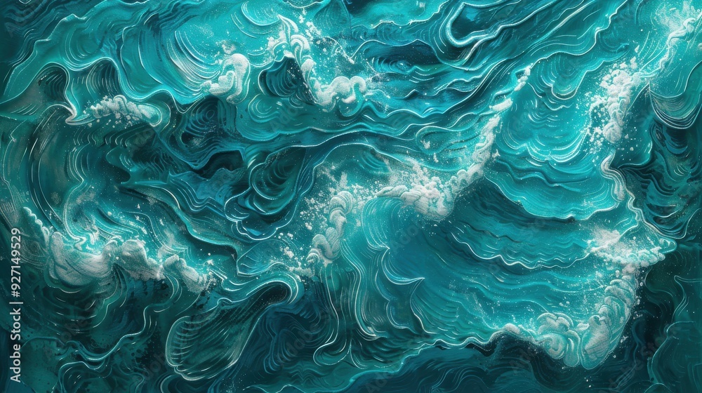 Aufkleber A close-up image of an abstract artwork depicting ocean waves. The artwork is made with layers of blue and green paint to create a sense of depth and movement. White paint is used to create the foam o