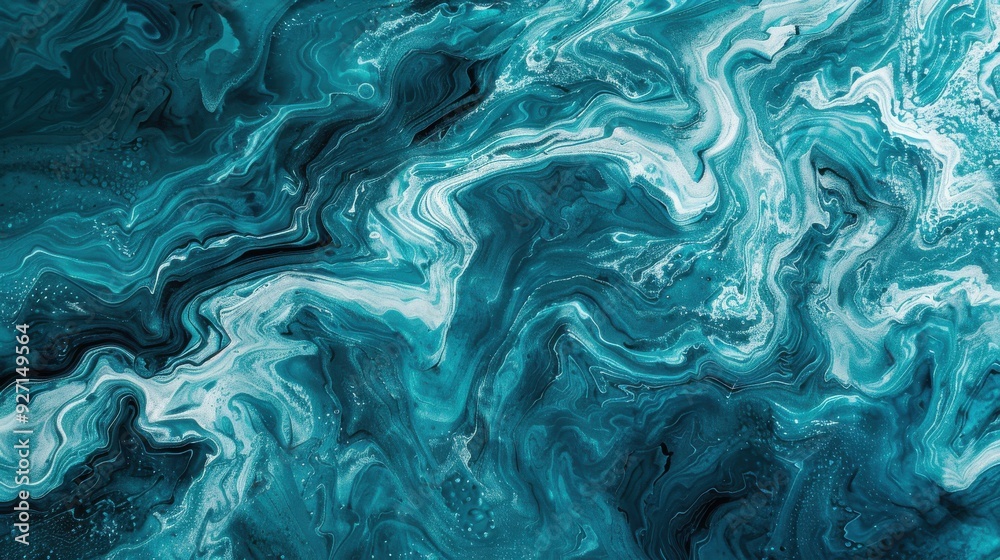 Poster The image shows a close-up of abstract swirling teal and white paint, creating a dynamic and flowing background.