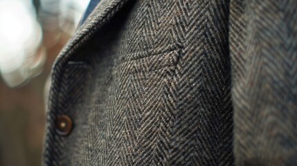 A close-up image of the front of a dark grey herringbone tweed jacket, showing the detailed texture of the fabric and a button on the lapel.