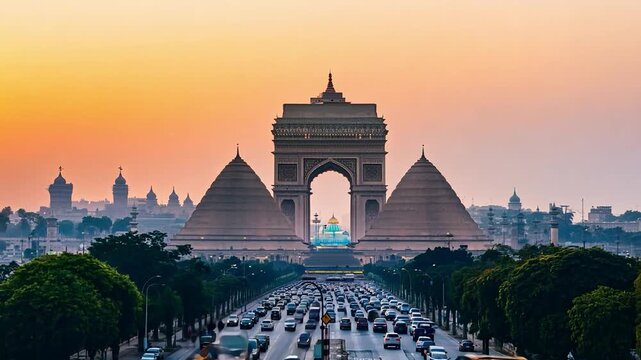 Traffic flowing on a busy city street with patuxai vientiane monument at sunset