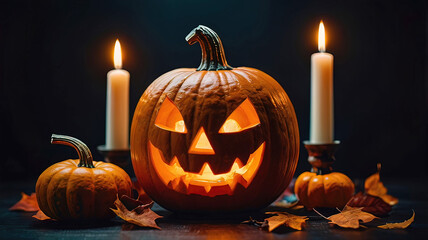 Fototapeta premium retro halloween pumpkins on table with lighting